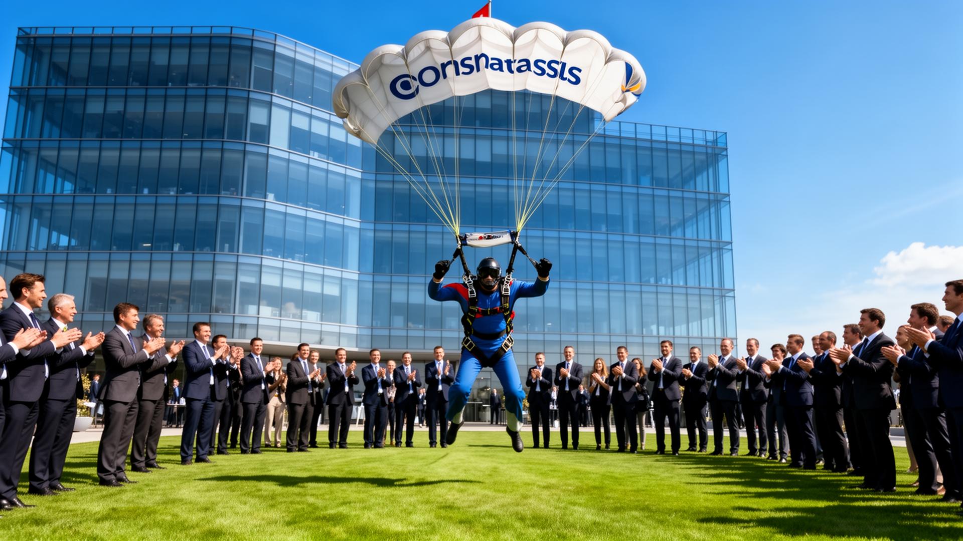 Parachutist met merk-canopy landt voor corporate hoofdkantoor met applauderende zakenmensen
