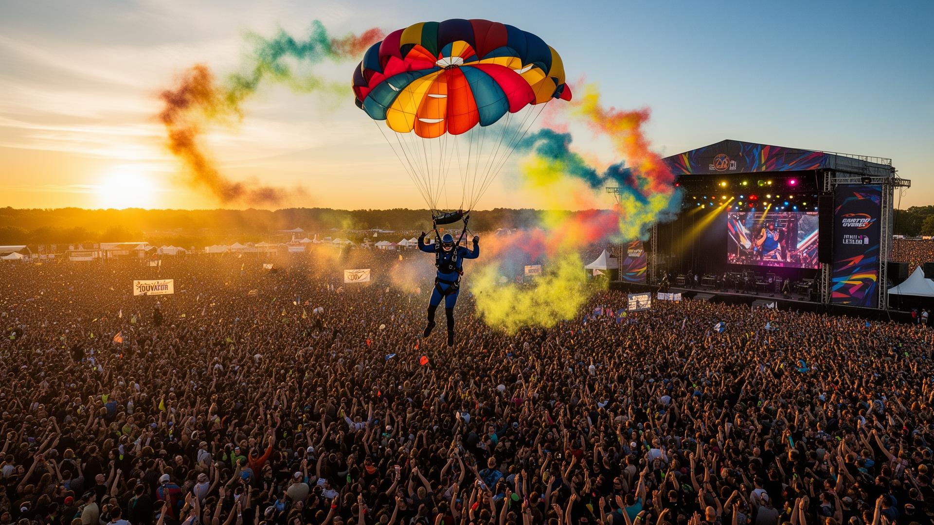Skydiver landing in festival crowd with colored smoke trails